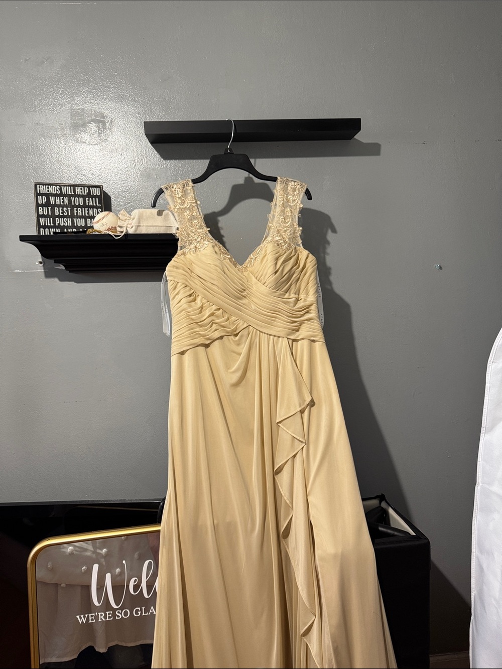 Azazie Champagne Lace-Shoulder V-Neck Bridesmaid Gown.